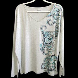 Chicos Heather Gray Top Size XL 3 Embroidered  Paisley Long Sleeve V Neck Womens
